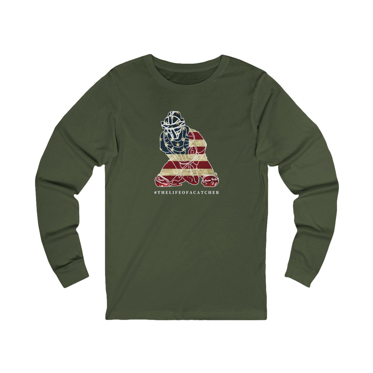 American Flag Catcher Unisex Jersey Long Sleeve Tee - Military Green