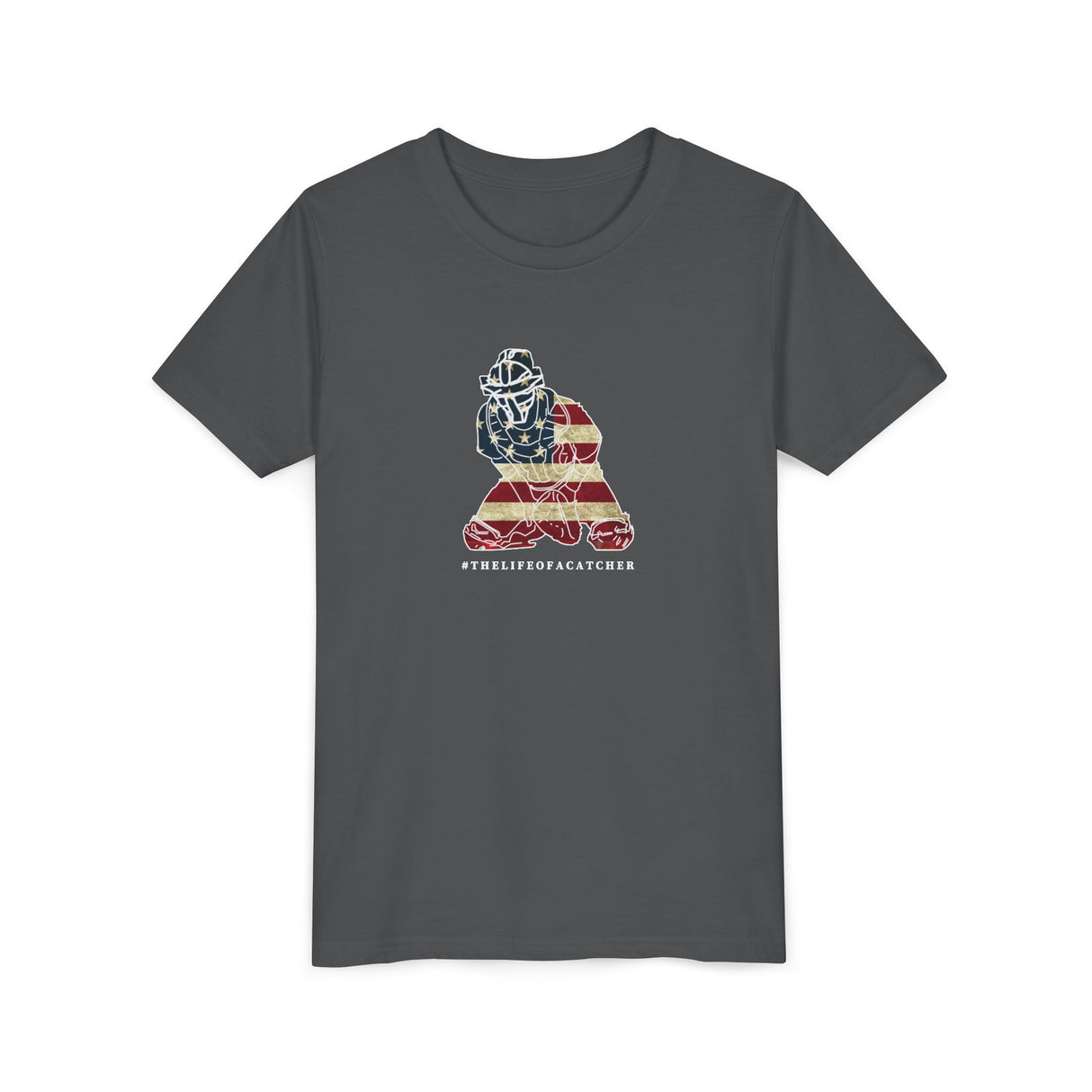 American Flag Catcher Youth T-Shirt - Charcoal