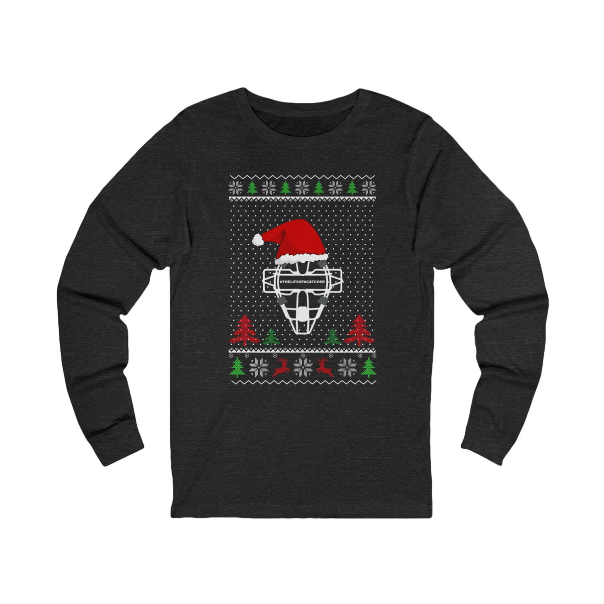 Ugly Christmas Sweater Catcher's Mask Santa Hat Unisex Jersey Long Sleeve Tee - Heather Charcoal Grey
