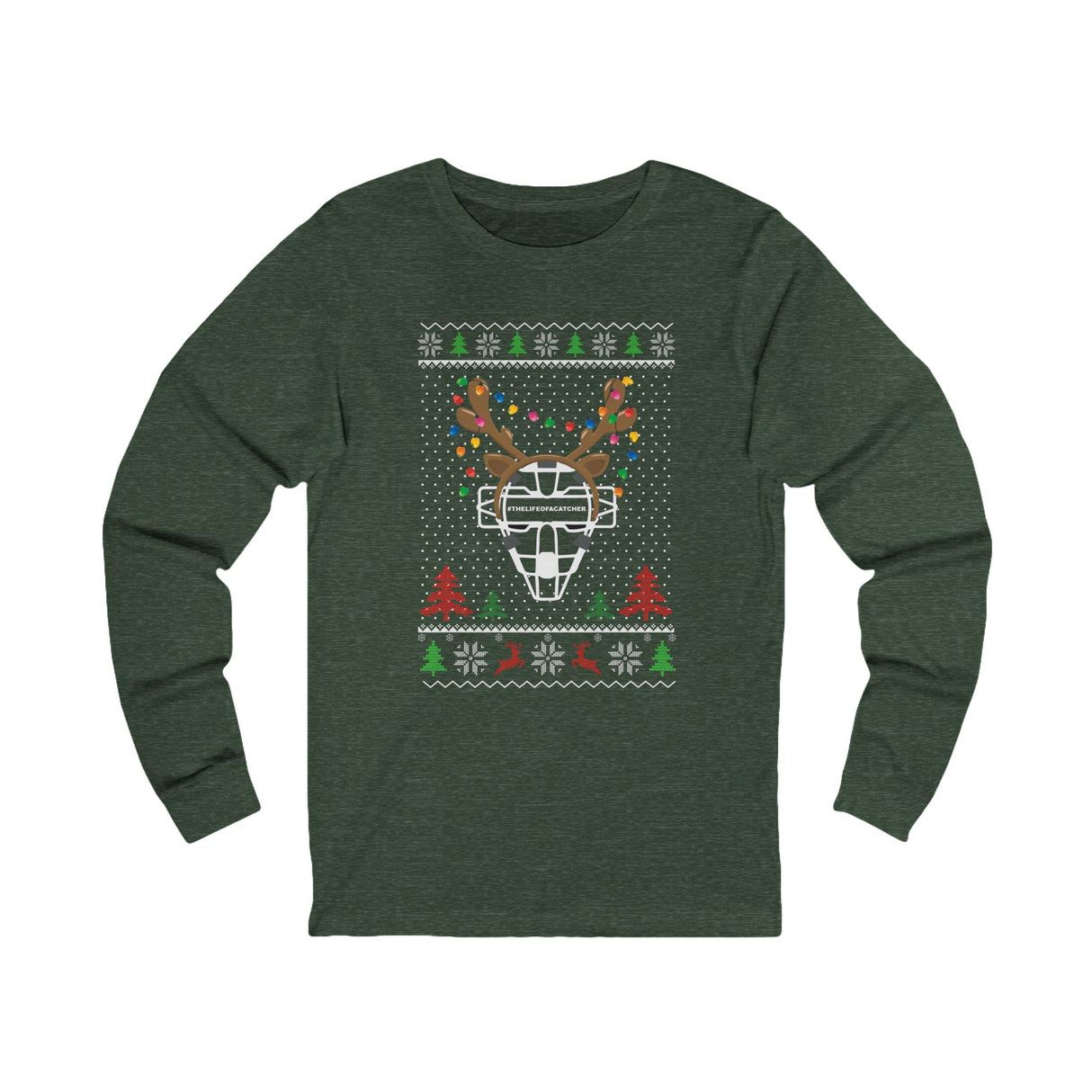 Ugly Christmas Sweater Catcher's Mask Reindeer Unisex Jersey Long Sleeve Tee - Heather Forest Green