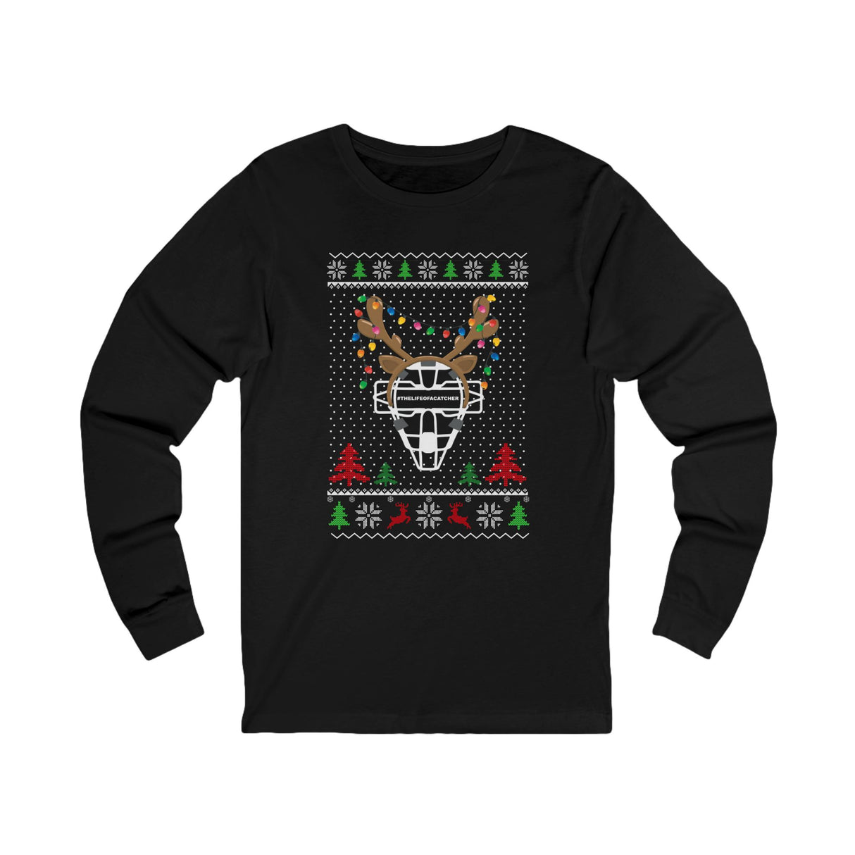 Ugly Christmas Sweater Catcher's Mask Reindeer Unisex Jersey Long Sleeve Tee - Black Front