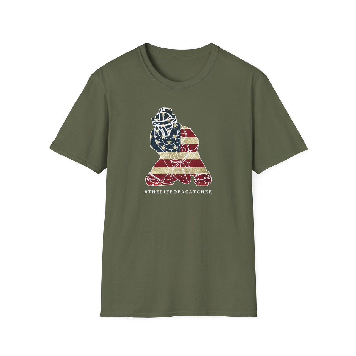 American Flag Catcher Unisex T-Shirt  - Military Green Front