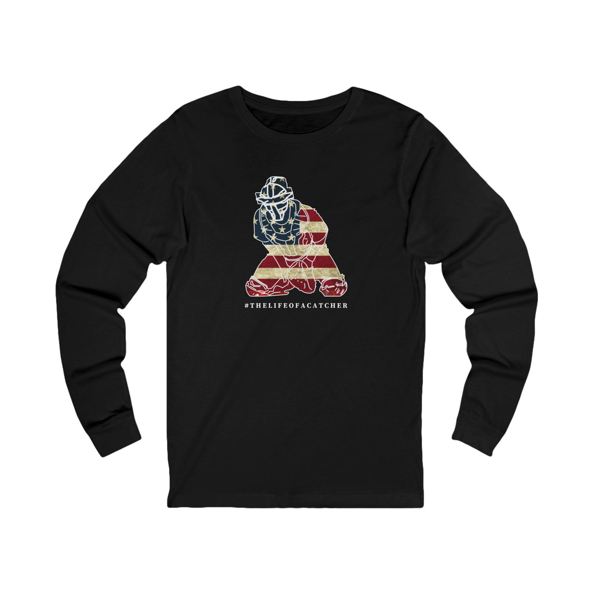 American Flag Catcher Unisex Jersey Long Sleeve Tee - Black