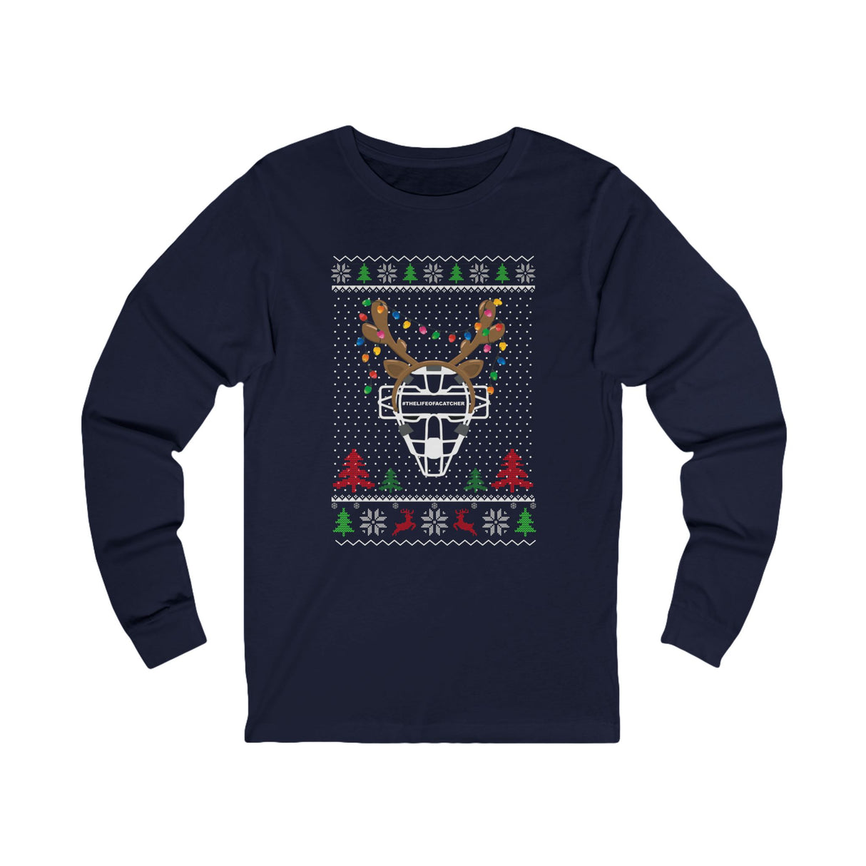 Ugly Christmas Sweater Catcher's Mask Reindeer Unisex Jersey Long Sleeve Tee - Navy Front