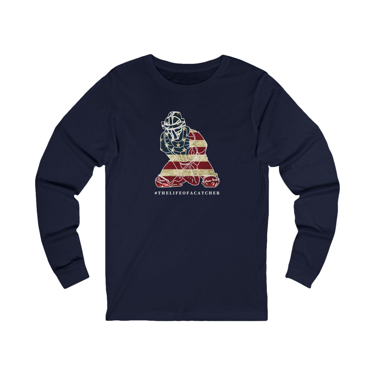 American Flag Catcher Unisex Jersey Long Sleeve Tee - Navy