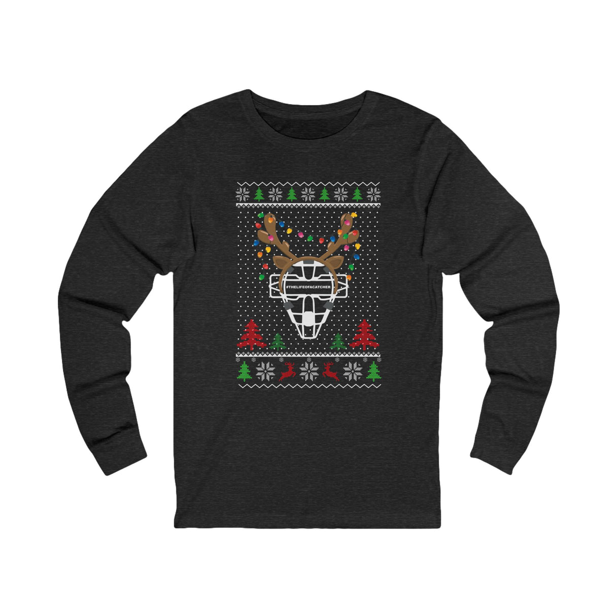 Ugly Christmas Sweater Catcher's Mask Reindeer Unisex Jersey Long Sleeve Tee - Heather Charcoal Grey