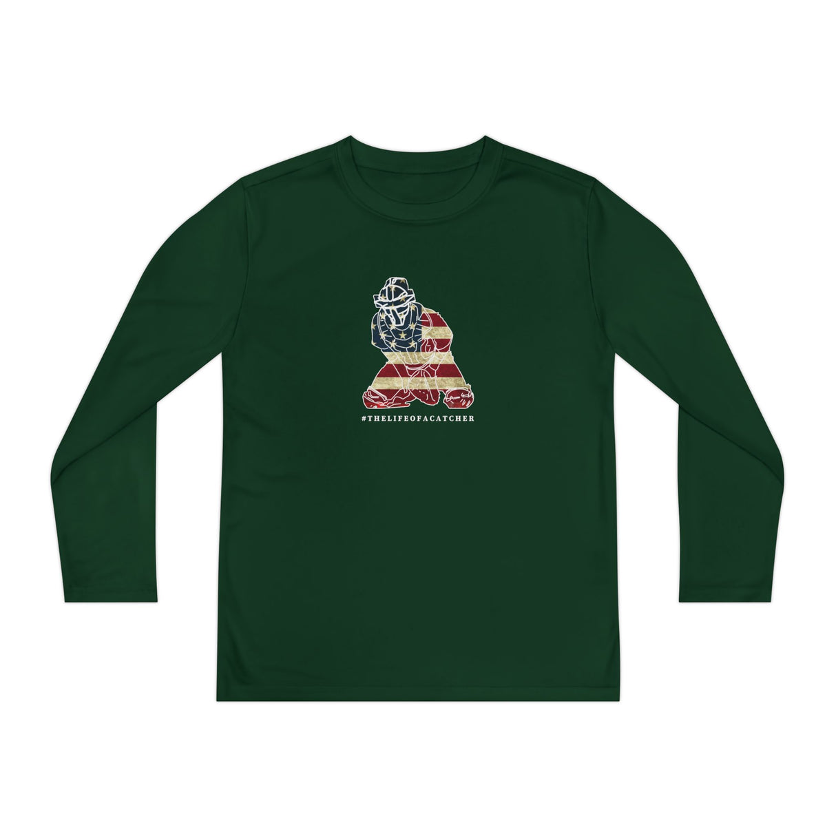 American Flag Catcher Youth Long Sleeve T-Shirt - Dark Green
