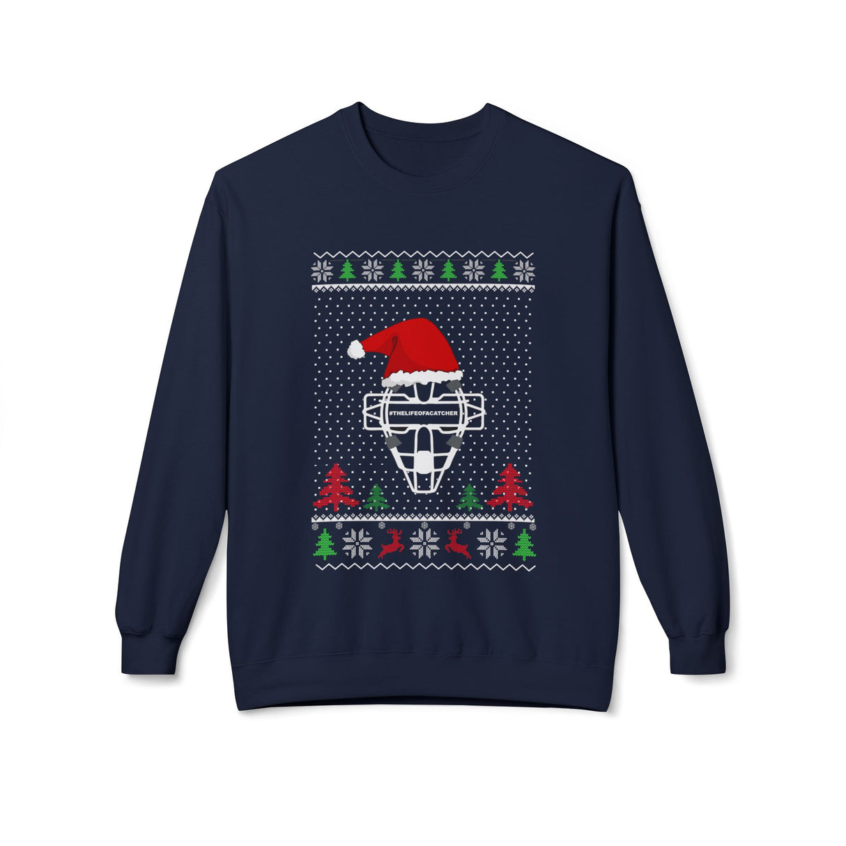 Ugly Christmas Sweater Catcher's Mask Santa Hat Unisex Sweatshirt - Navy