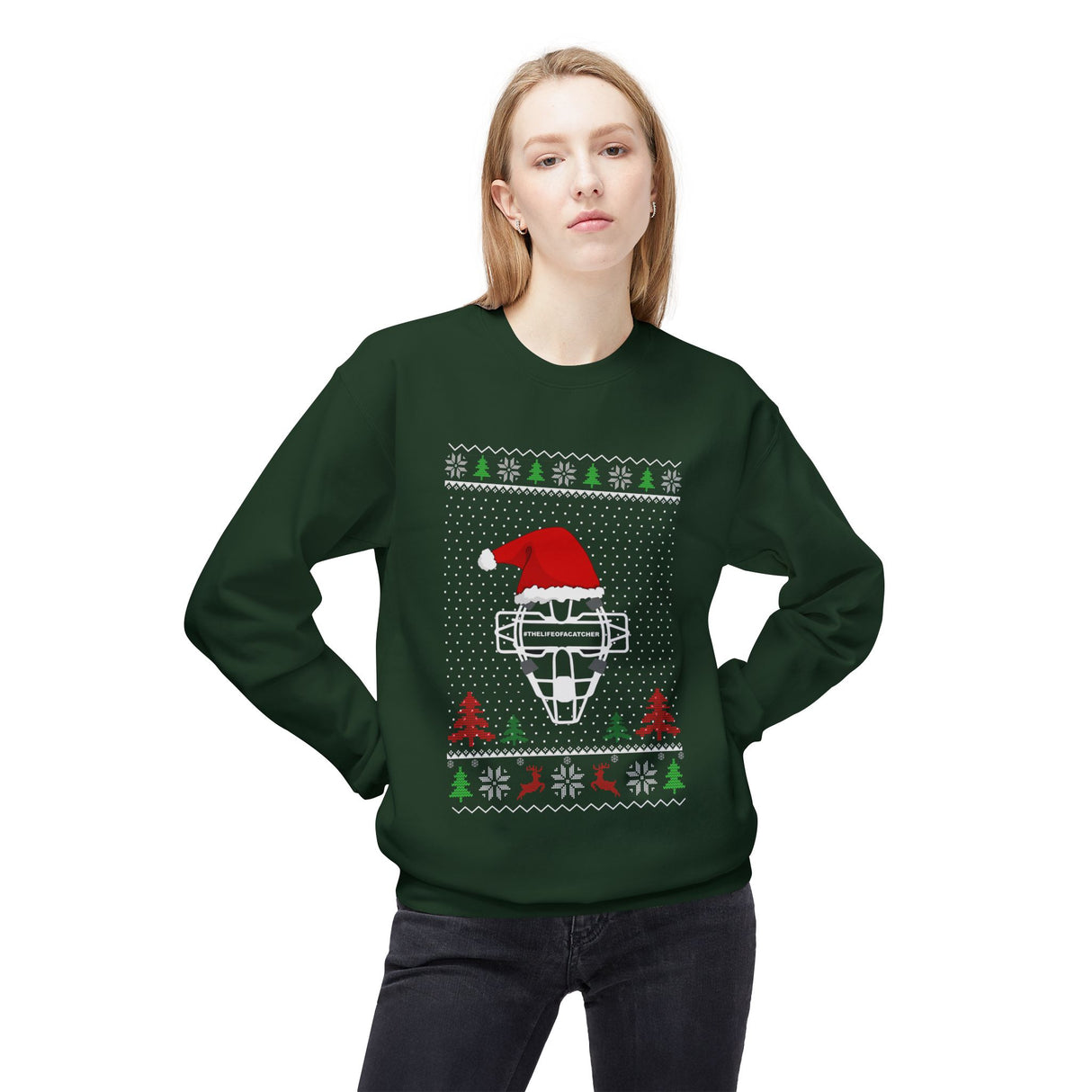 Ugly Christmas Sweater Catcher's Mask Santa Hat Unisex Sweatshirt - Model Forest Green Front