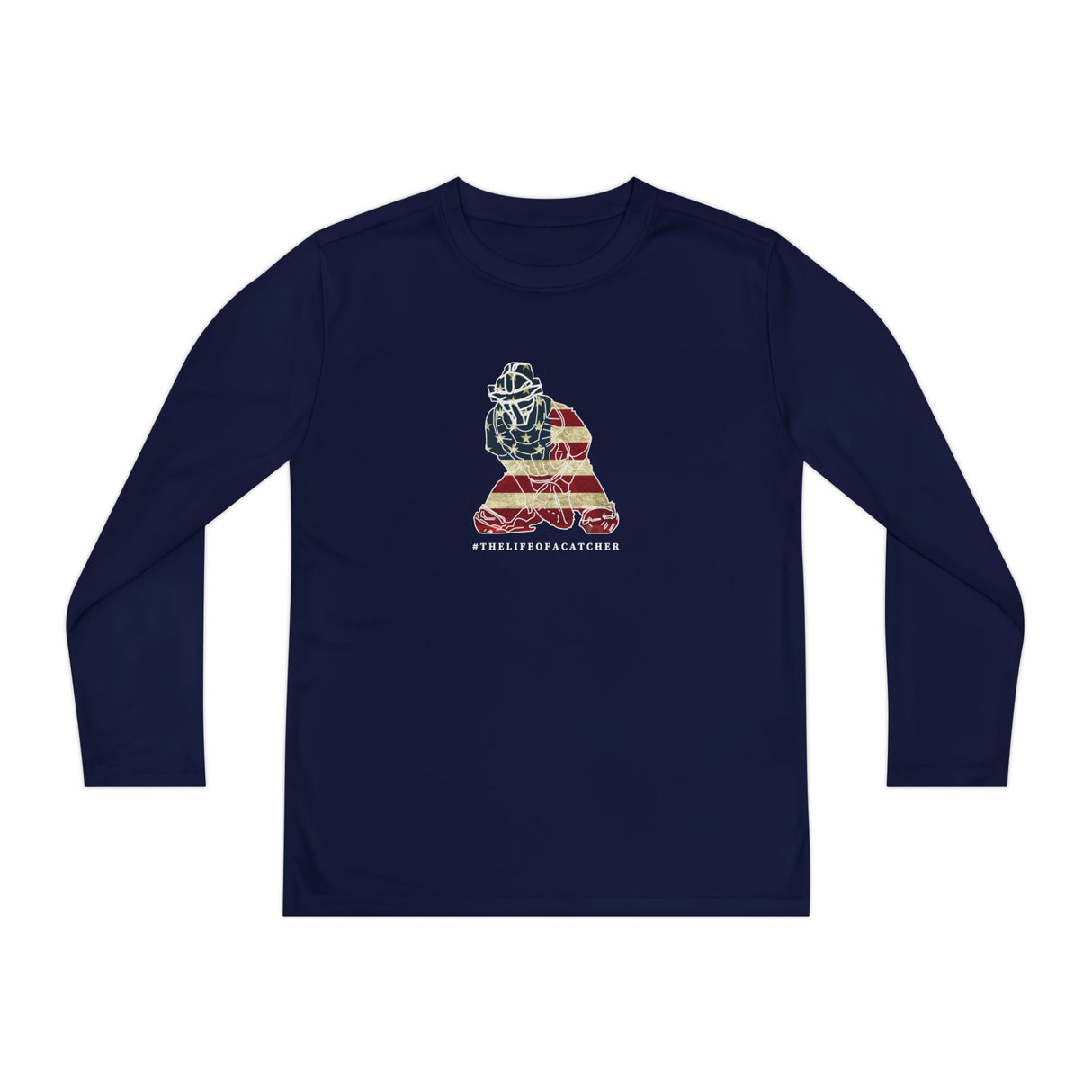 American Flag Catcher Youth Long Sleeve T-Shirt - Navy
