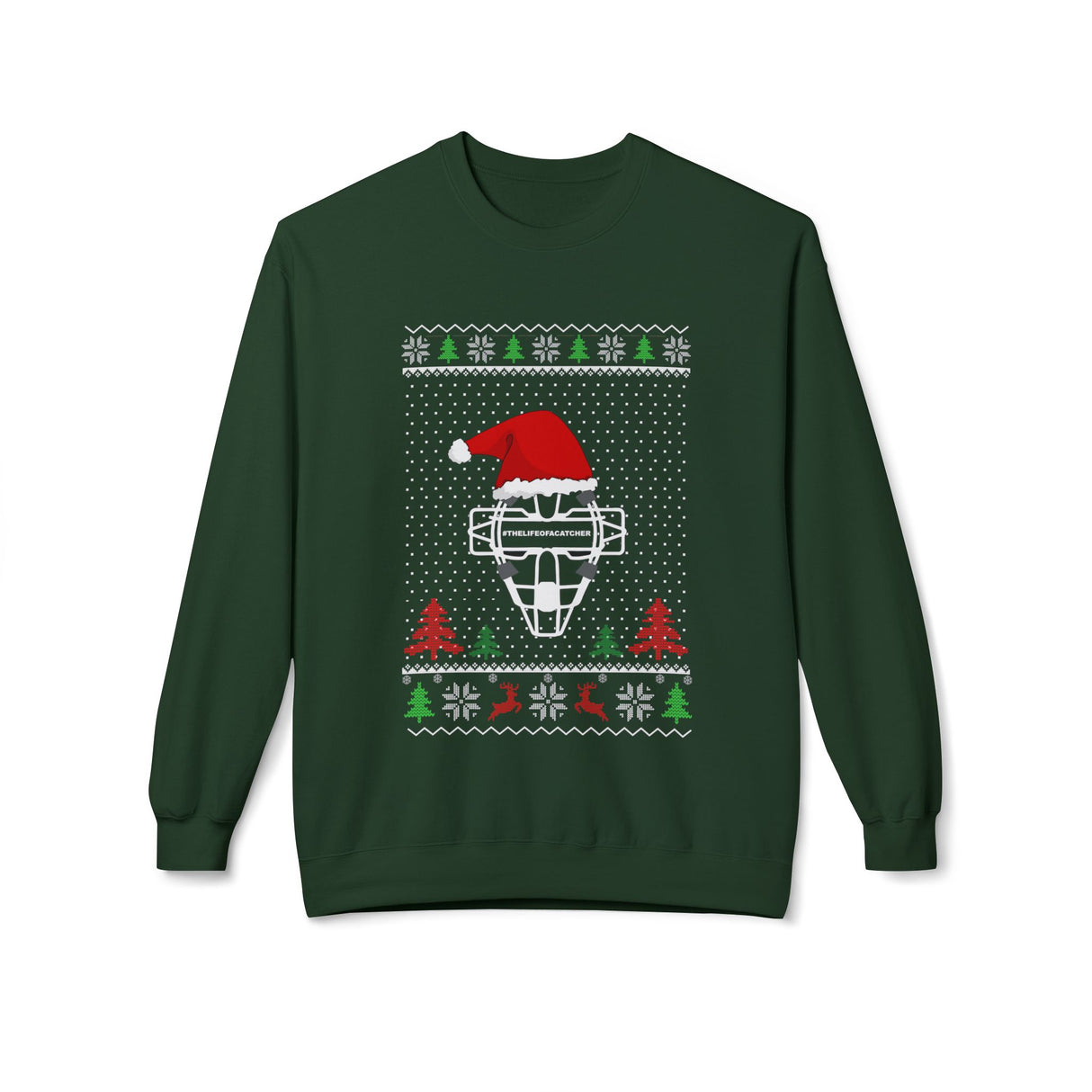 Ugly Christmas Sweater Catcher's Mask Santa Hat Unisex Sweatshirt - Forest Green