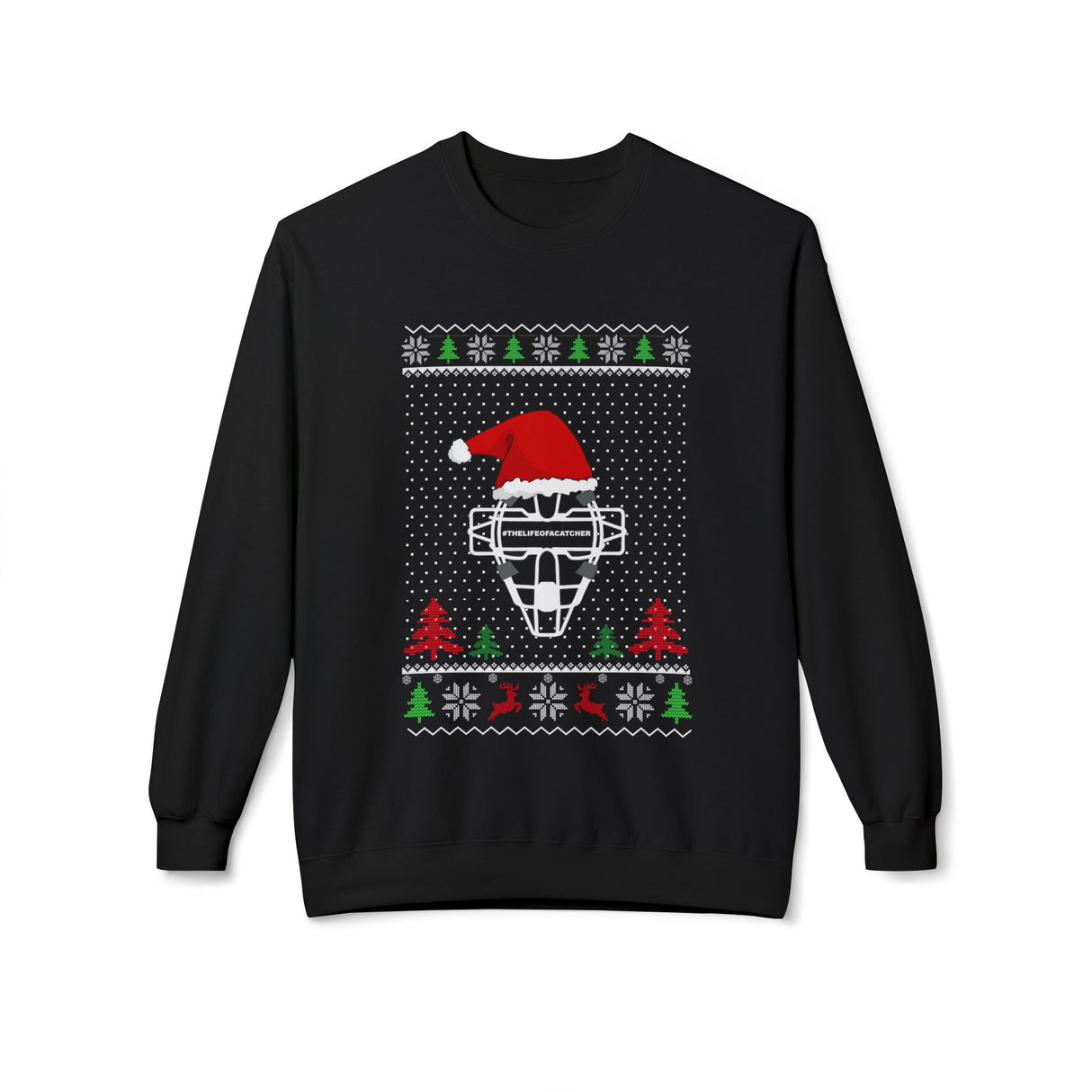 Ugly Christmas Sweater Catcher's Mask Santa Hat Unisex Sweatshirt - Black Front