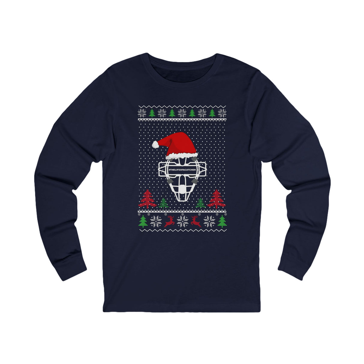 Ugly Christmas Sweater Catcher's Mask Santa Hat Unisex Jersey Long Sleeve Tee - Navy