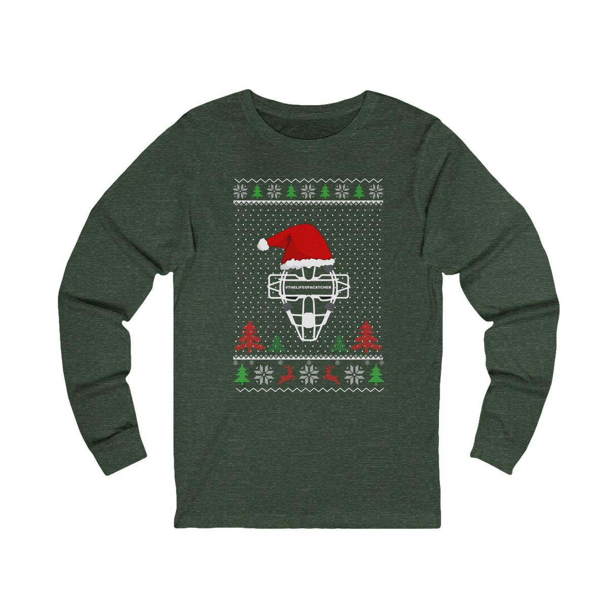 Ugly Christmas Sweater Catcher's Mask Santa Hat Unisex Jersey Long Sleeve Tee - Heather Forest Green