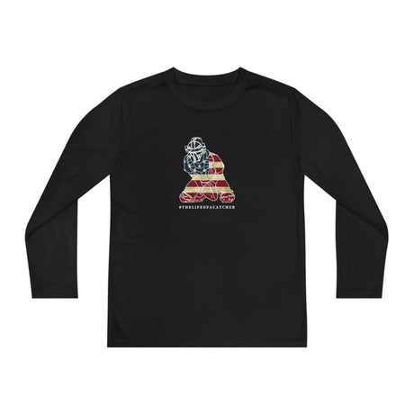 American Flag Catcher Youth Long Sleeve T-Shirt - Black