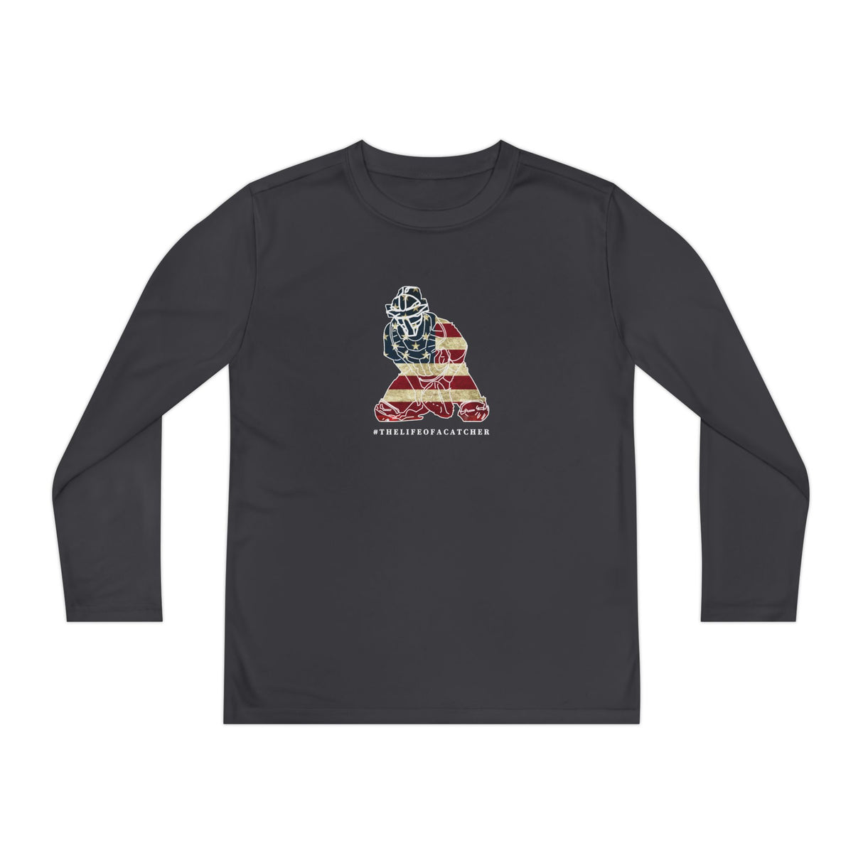 American Flag Catcher Youth Long Sleeve T-Shirt - Charcoal