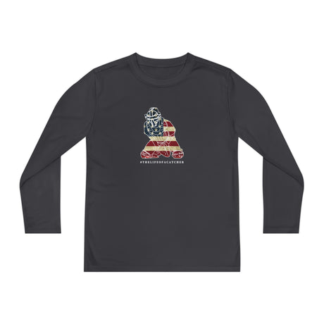 American Flag Catcher Youth Long Sleeve T-Shirt - Charcoal