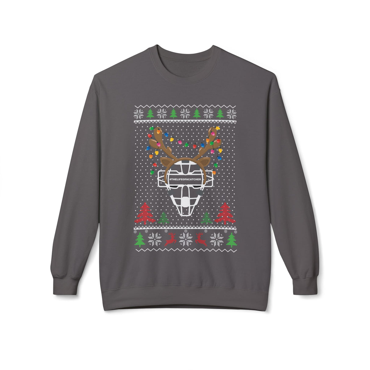 Ugly Christmas Sweater Catcher's Mask Reindeer Unisex Sweatshirt - Charcoal
