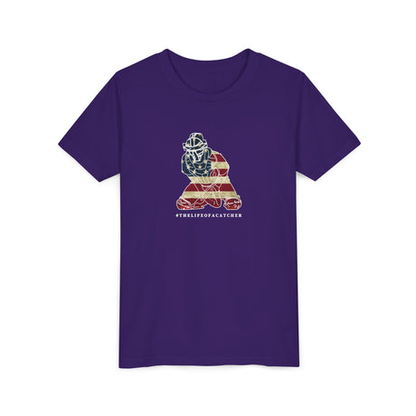 American Flag Catcher Youth T-Shirt - Purple