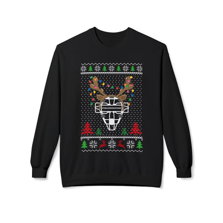 Ugly Christmas Sweater Catcher's Mask Reindeer Unisex Sweatshirt - Black Front