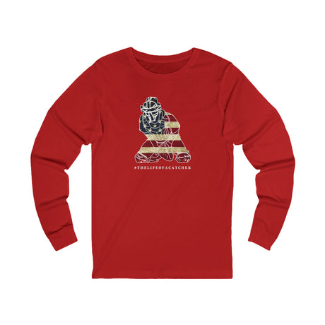 American Flag Catcher Unisex Jersey Long Sleeve Tee - Red