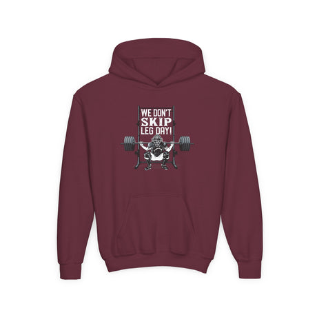 We Don't Skip Leg Day Youth Hoodie Maroon