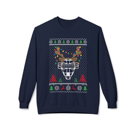 Ugly Christmas Sweater Catcher's Mask Reindeer Unisex Sweatshirt - Navy