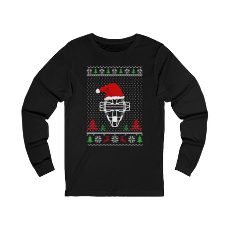 Ugly Christmas Sweater Catcher's Mask Santa Hat Unisex Jersey Long Sleeve Tee - Black Front