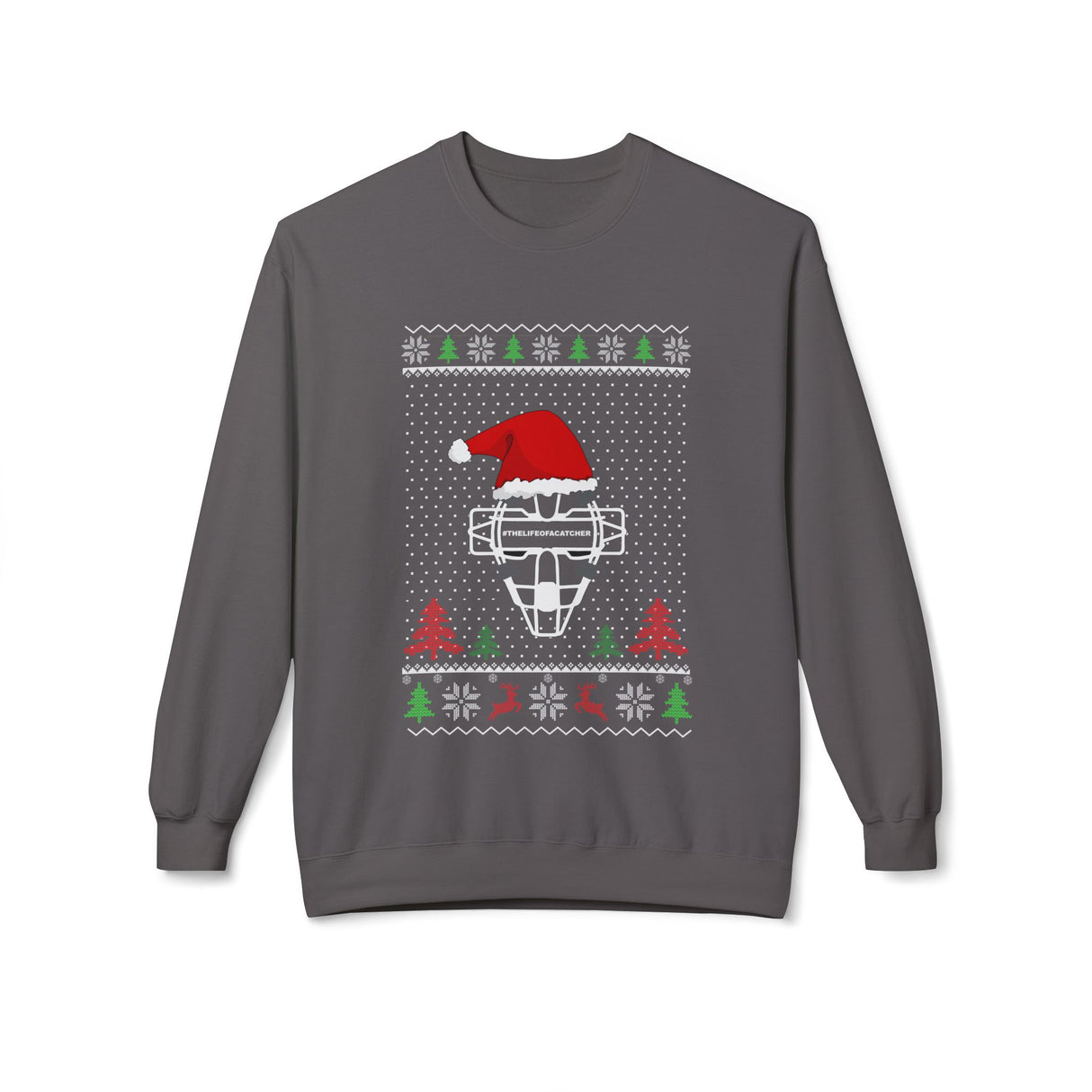 Ugly Christmas Sweater Catcher's Mask Santa Hat Unisex Sweatshirt - Charcoal 