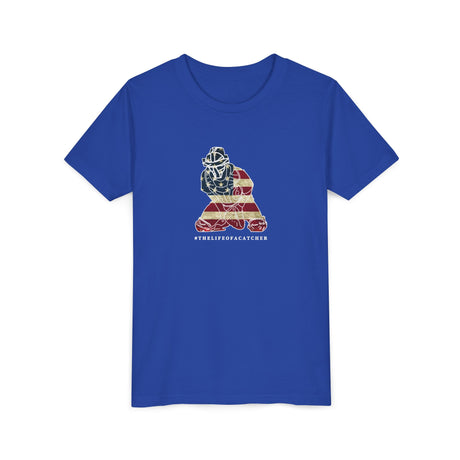 American Flag Catcher Youth T-Shirt - Royal Front
