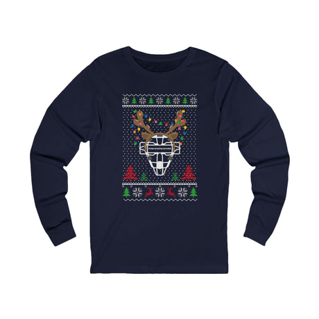 Ugly Christmas Sweater Catcher's Mask Reindeer Unisex Jersey Long Sleeve Tee - Navy Front