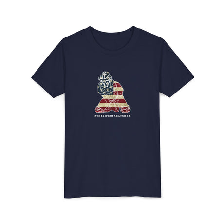 American Flag Catcher Youth T-Shirt - Navy
