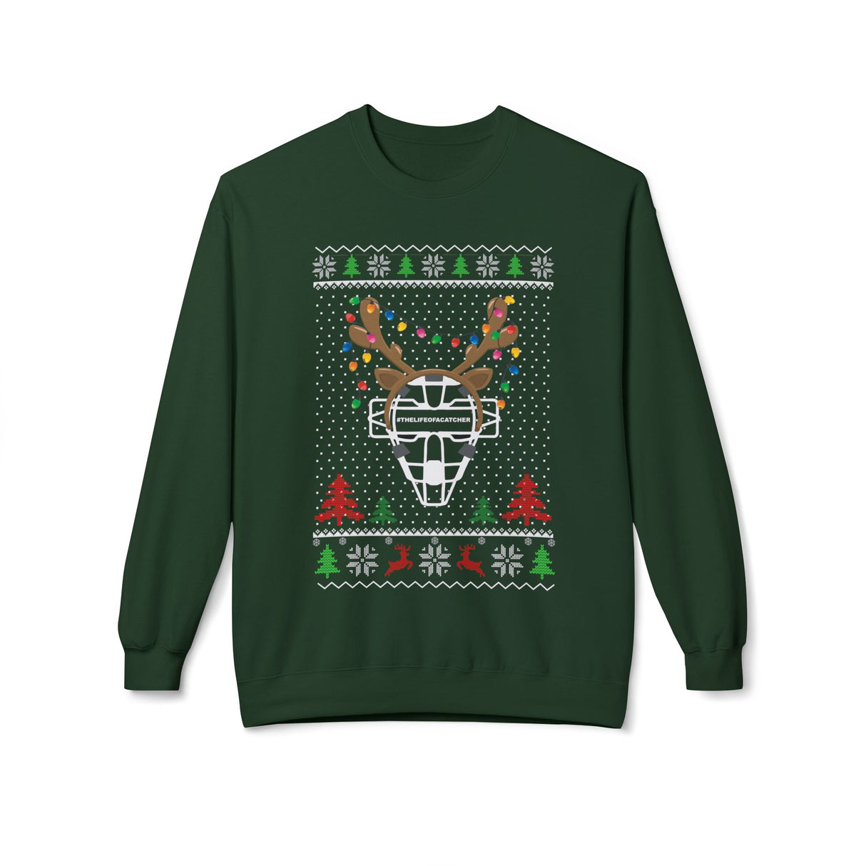 Ugly Christmas Sweater Catcher's Mask Reindeer Unisex Sweatshirt - Forest Green