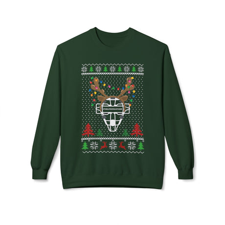 Ugly Christmas Sweater Catcher's Mask Reindeer Unisex Sweatshirt - Forest Green