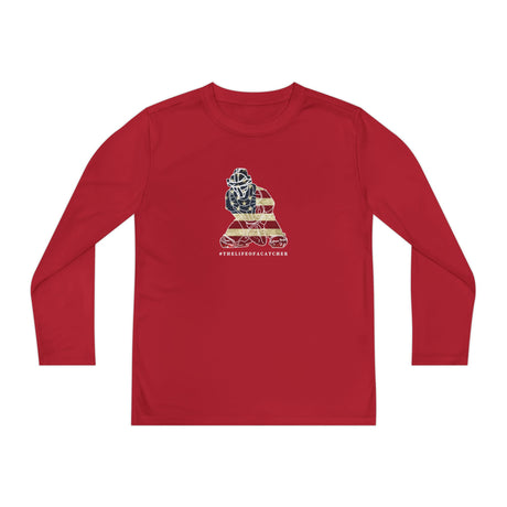 American Flag Catcher Youth Long Sleeve T-Shirt - Red Front