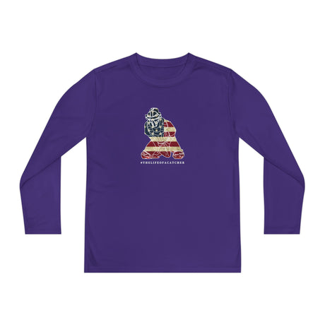American Flag Catcher Youth Long Sleeve T-Shirt - Purple