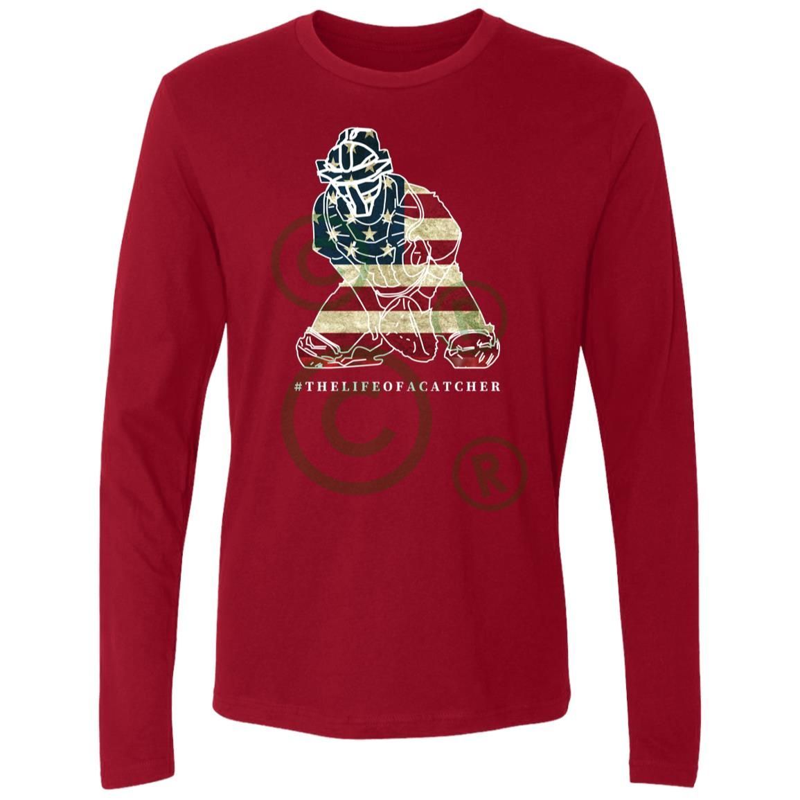 American Flag Catcher Men's Premium Long Sleeve T-Shirt - Cardinal