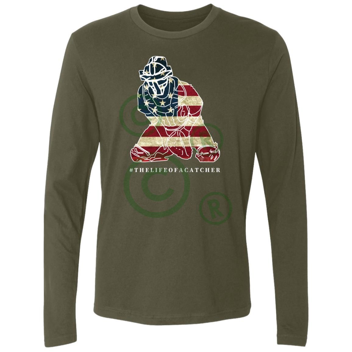 American Flag Catcher Men's Premium Long Sleeve T-Shirt - Military Green