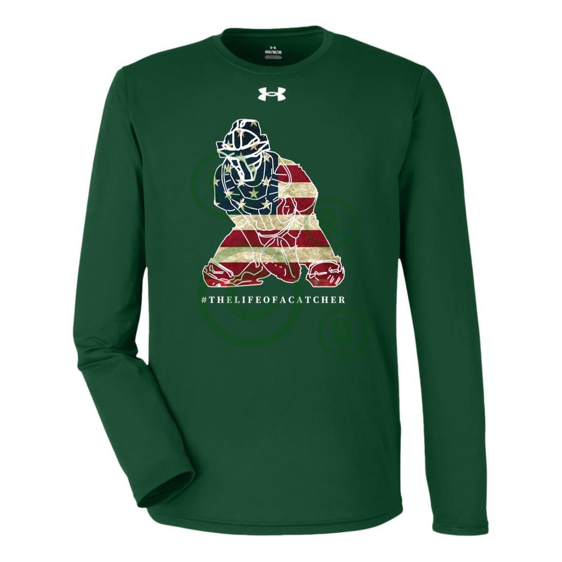 American Flag Catcher Men's Under Armour Team Tech Long Sleeve Tee - Green