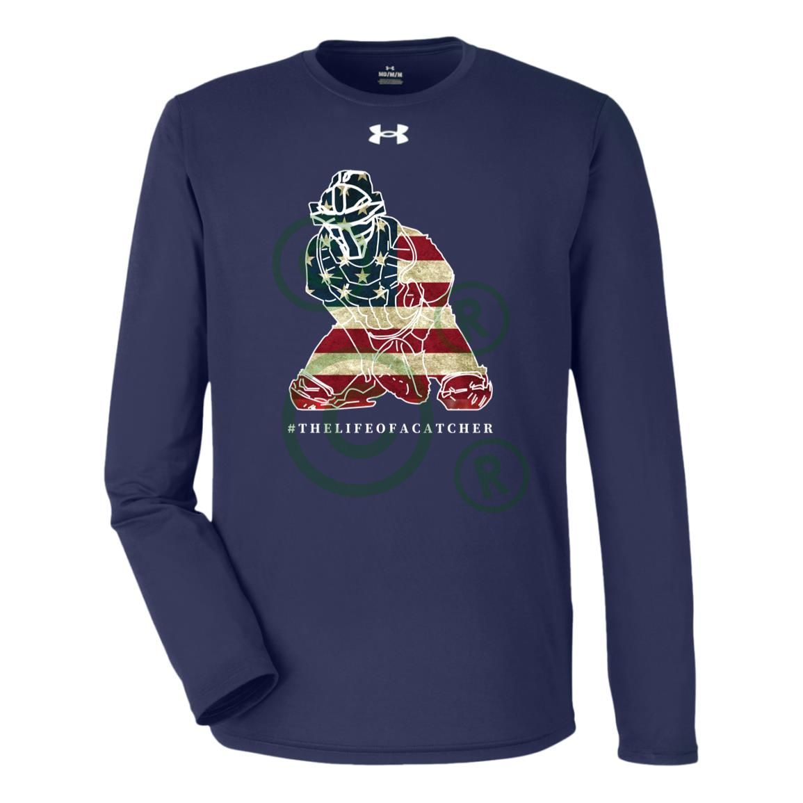 American Flag Catcher Men's Under Armour Team Tech Long Sleeve Tee - Navy