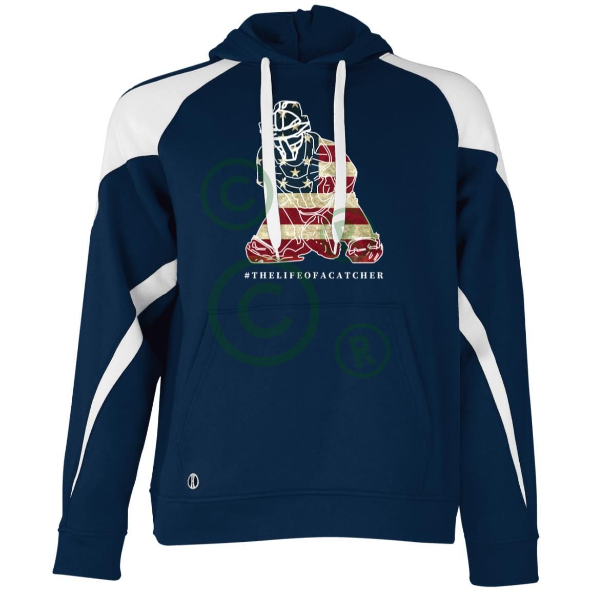 American Flag Catcher Unisex Colorblock Fleece Hoodie  - Navy/White