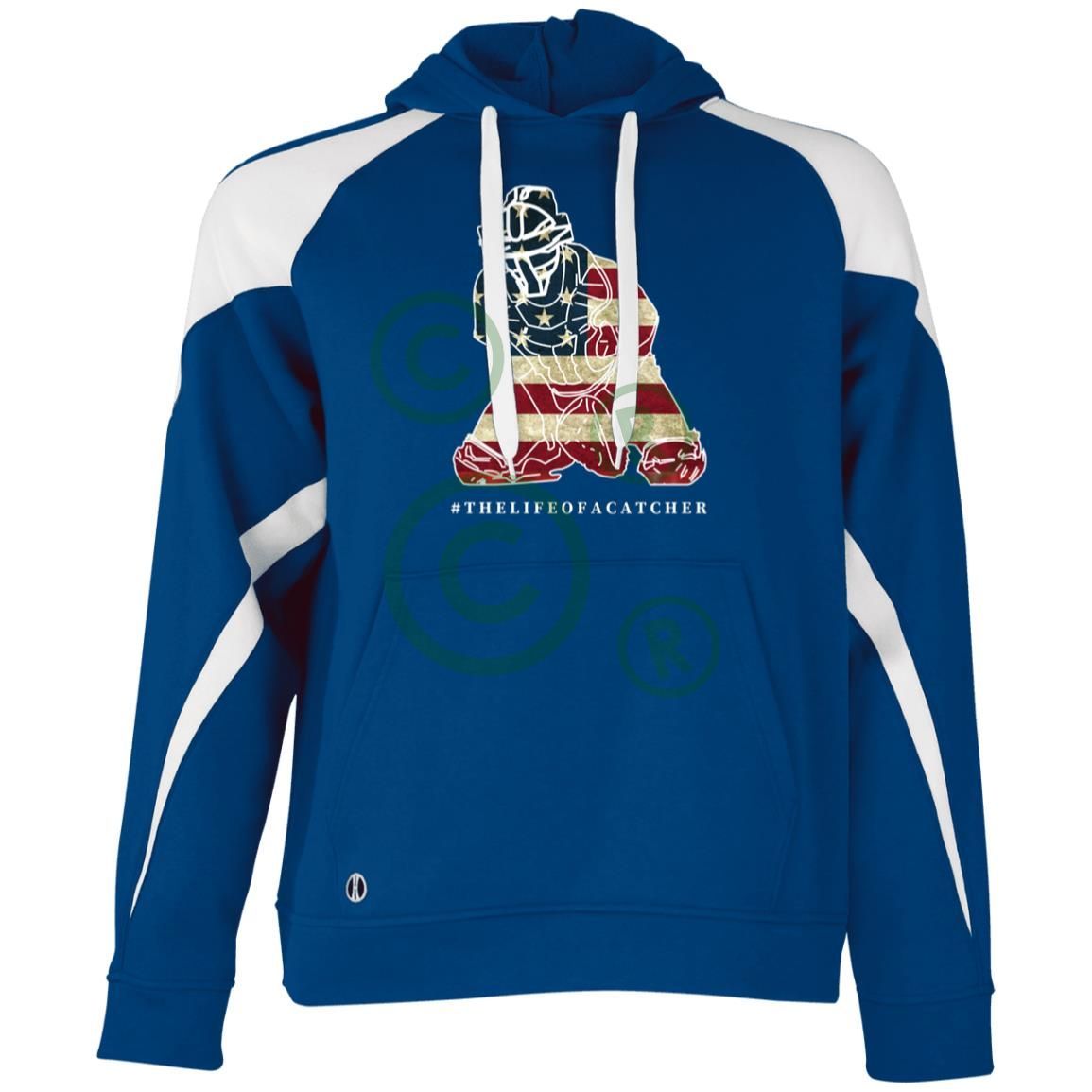 American Flag Catcher Unisex Colorblock Fleece Hoodie- Royal/White