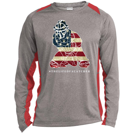 American Flag Catcher Unisex Colorblock Performance Long Sleeve T-Shirt - Heather/Red