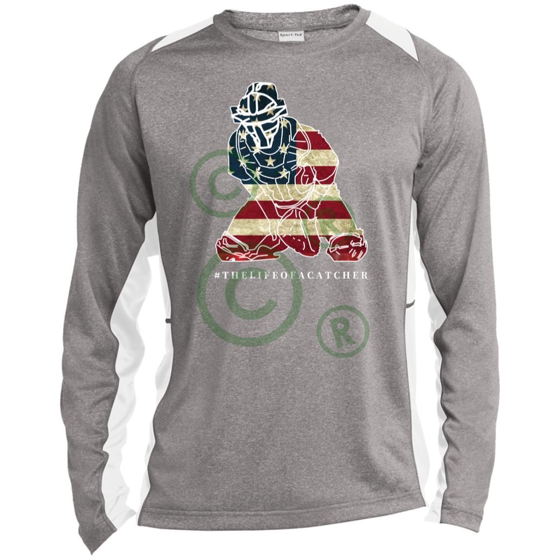 American Flag Catcher Unisex Colorblock Performance Long Sleeve Tee - Heather/White