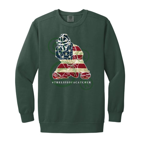 American Flag Catcher Unisex Crewneck Sweatshirt - Forest Green