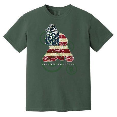 American Flag Catcher Unisex Heavyweight T-Shirt - Forest Green