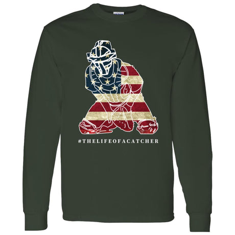 American Flag Catcher Unisex Long Sleeve T-Shirt - Dark Green