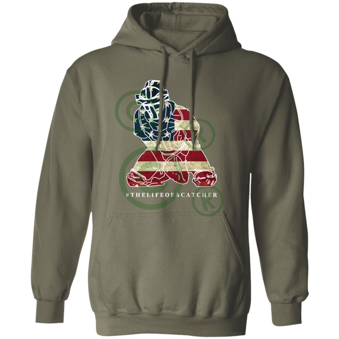 American Flag Catcher Unisex Pullover Hoodie - Military Green