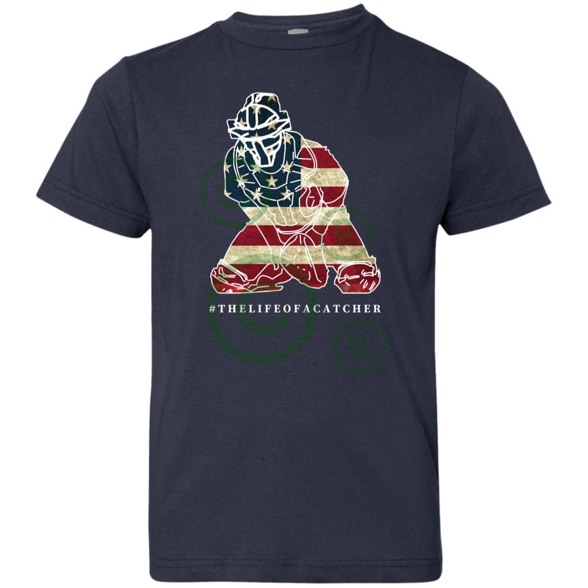 American Flag Catcher Youth Jersey T-Shirt - Navy