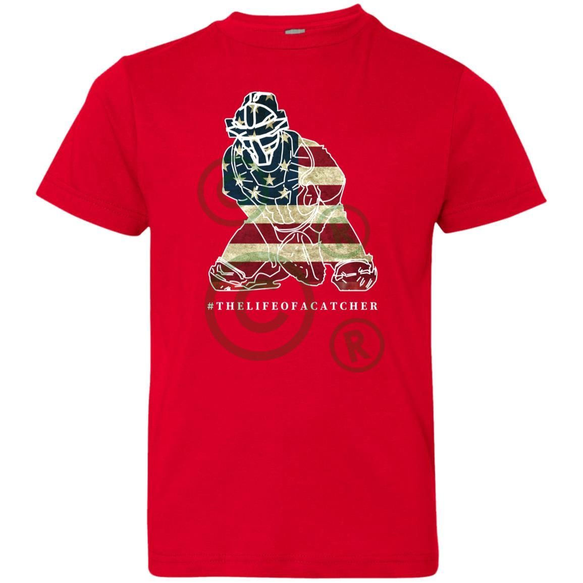 American Flag Catcher Youth Jersey T-Shirt - Red